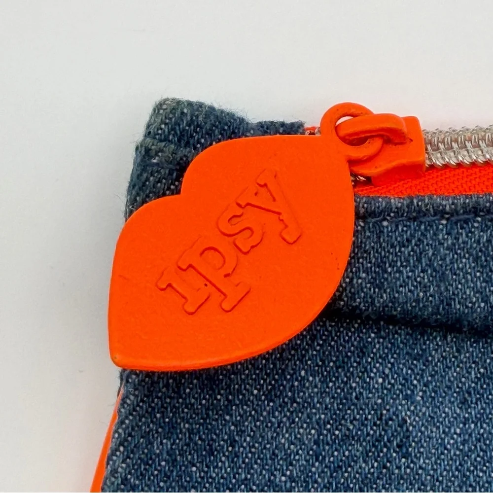 Ipsy Denim Makeup Bag‎ Cosmetic Pouch Orange Lining Zipper Glam Bag